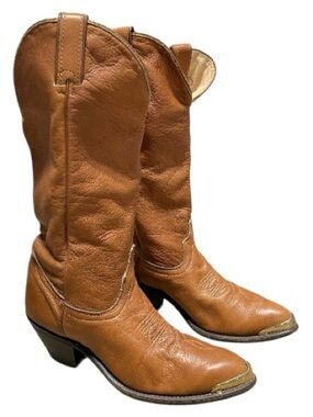 Vintage Pointed Toe Cognac Leather Cowgirl Western Boots Gold Toe Tips 8M